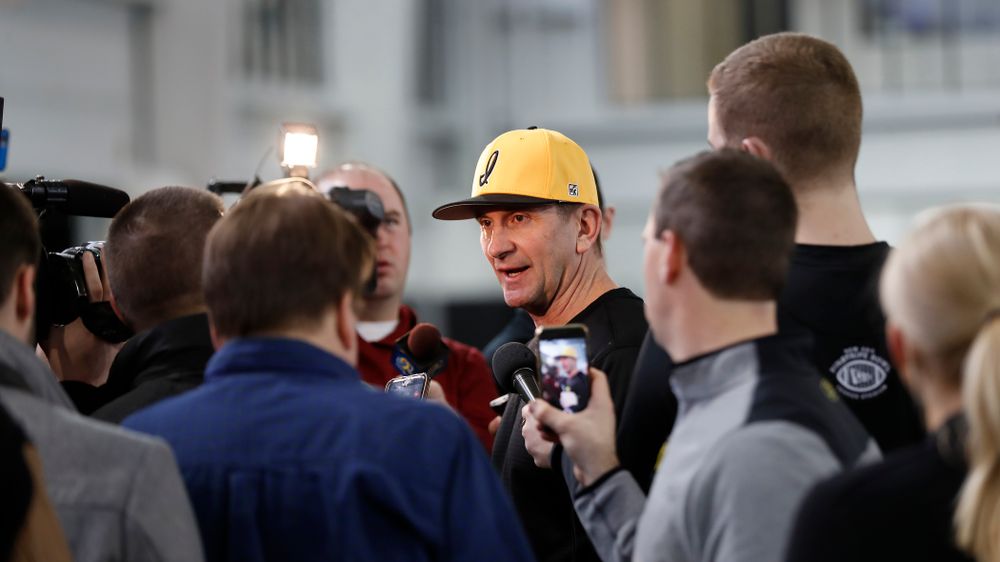 Iowa Hawkeyes head coach Rick Heller answers questions from reporters during the team's annual media day Thursday, February 8, 2018 in the indoor practice facility. (Brian Ray/hawkeyesports.com)