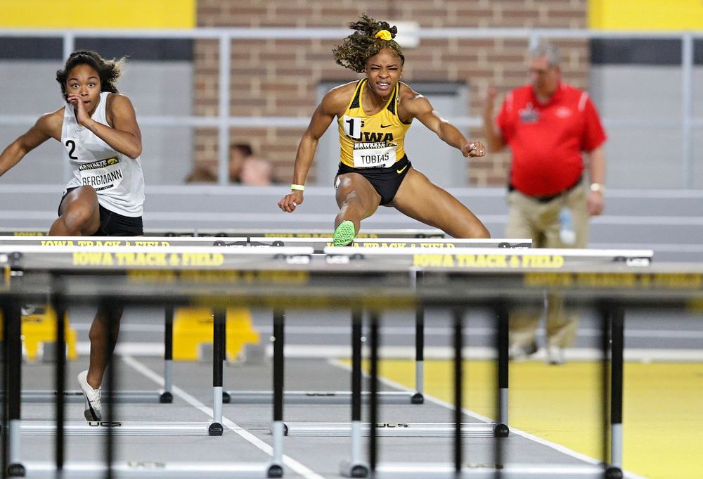Iowa’s Tionna Tobias runs in the women’s 60 meter hurdles prelim event during the Hawkeye Invitational at the Recreation Building in Iowa City on Saturday, January 11, 2020. (Stephen Mally/hawkeyesports.com)