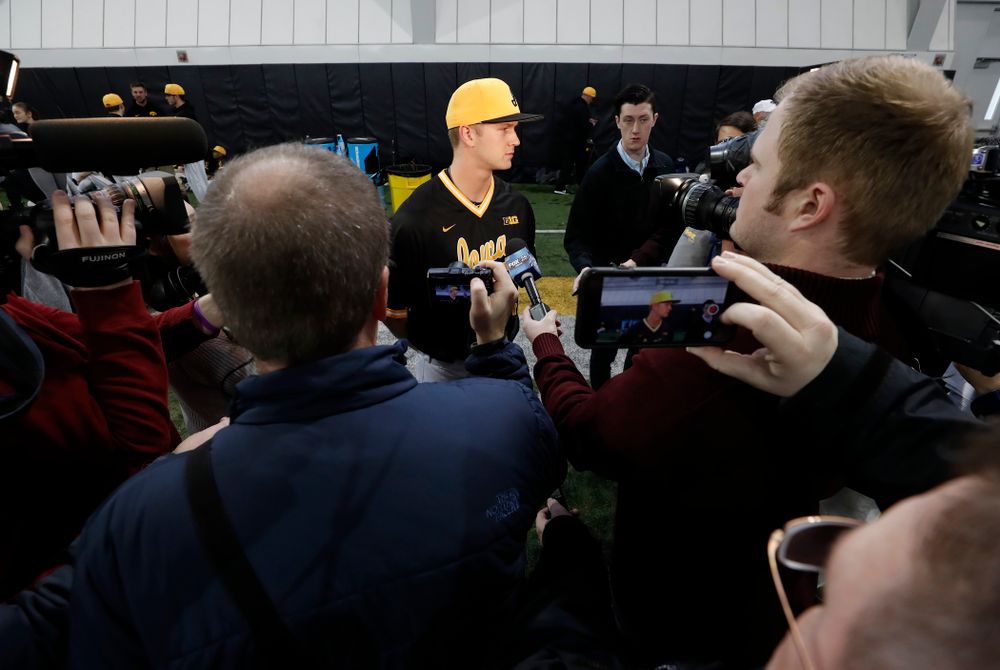 Iowa Hawkeyes outfielder Robert Neustrom (44) answers questions from reporters during the team's annual media day Thursday, February 8, 2018 in the indoor practice facility. (Brian Ray/hawkeyesports.com)