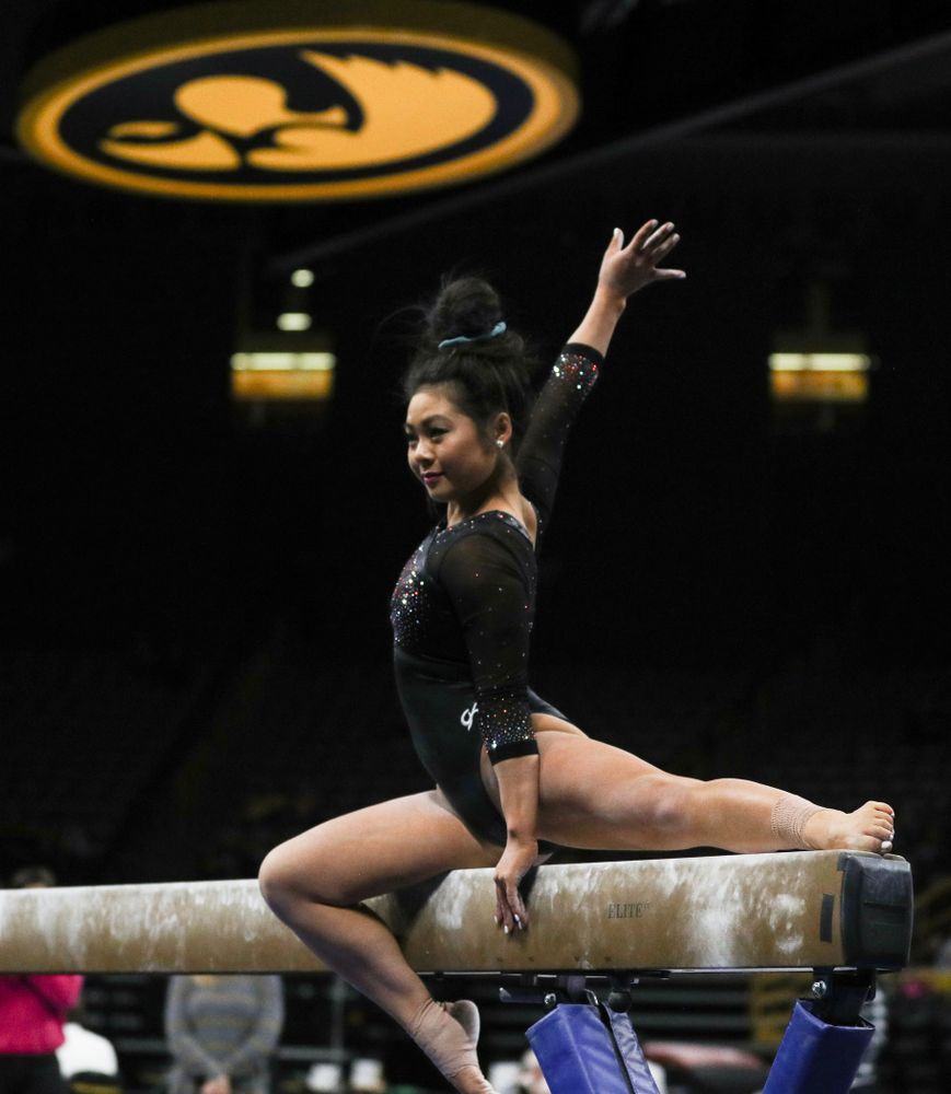 Iowa’s Claire Kaji competes on the beam against Michigan Friday, February 14, 2020 at Carver-Hawkeye Arena. (Brian Ray/hawkeyesports.com)