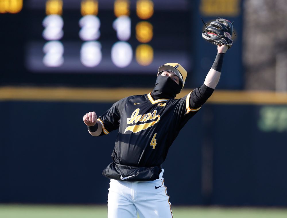 Iowa Hawkeyes infielder Mitchell Boe (4) against Grand View Wednesday, April 4, 2018 at Duane Banks Field. (Brian Ray/hawkeyesports.com)