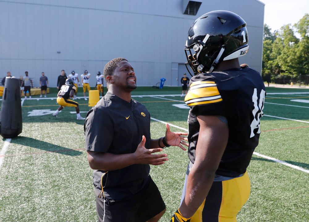 Iowa Hawkeyes running backs coach Derrick Foster and running back Mekhi Sargent (10) during camp practice No. 17 Wednesday, August 22, 2018 at the Kenyon Football Practice Facility. (Brian Ray/hawkeyesports.com)
