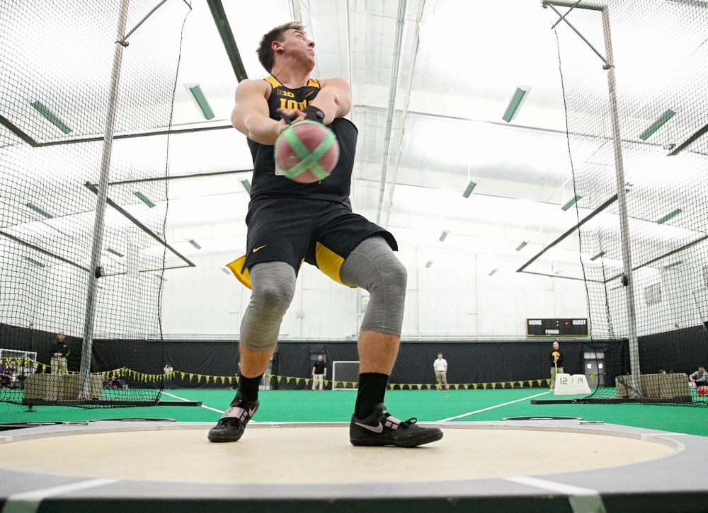 Iowa’s Jordan Johnson throws during the men’s weight throw event at the Hawkeye Tennis and Recreation Complex in Iowa City on Friday, January 31, 2020. (Stephen Mally/hawkeyesports.com)