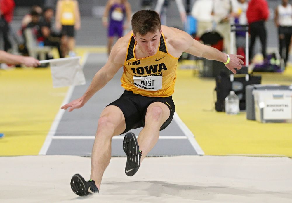 Iowa’s Austin West competes in the men’s long jump event during the Hawkeye Invitational at the Recreation Building in Iowa City on Saturday, January 11, 2020. (Stephen Mally/hawkeyesports.com)