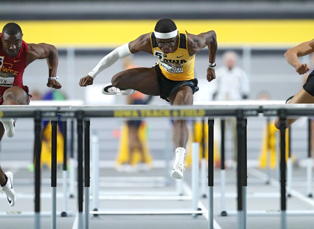 Iowa’s Jaylan McConico runs the men’s 60 meter hurdles premier event during the Larry Wieczorek Invitational at the Recreation Building in Iowa City on Saturday, January 18, 2020. (Stephen Mally/hawkeyesports.com)