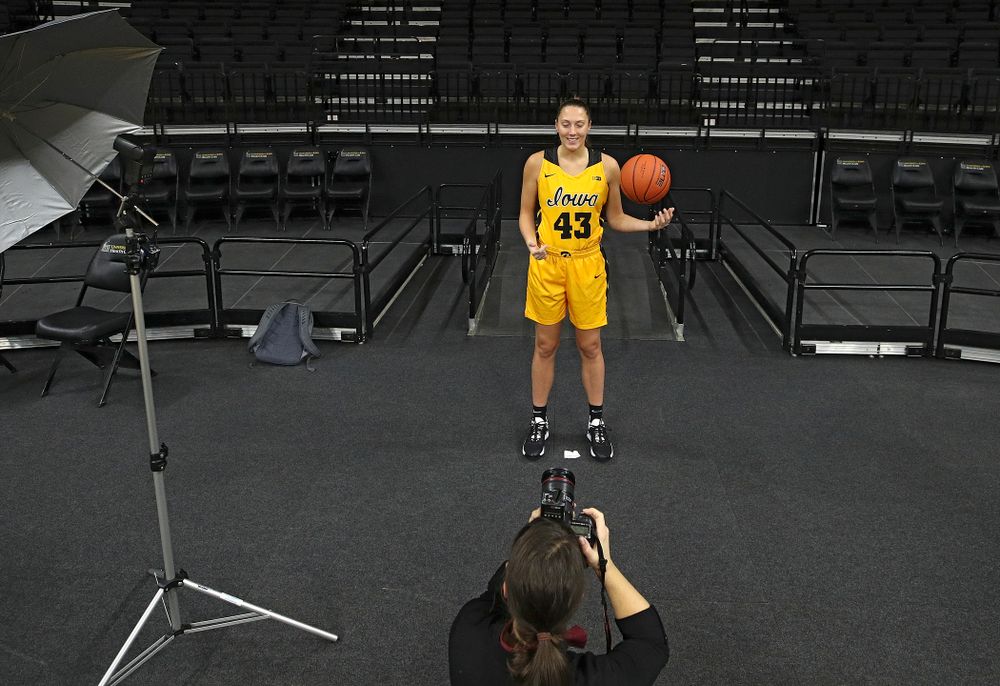 Iowa forward Amanda Ollinger (43) poses for a picture during Iowa Women’s Basketball Media Day at Carver-Hawkeye Arena in Iowa City on Thursday, Oct 24, 2019. (Stephen Mally/hawkeyesports.com)