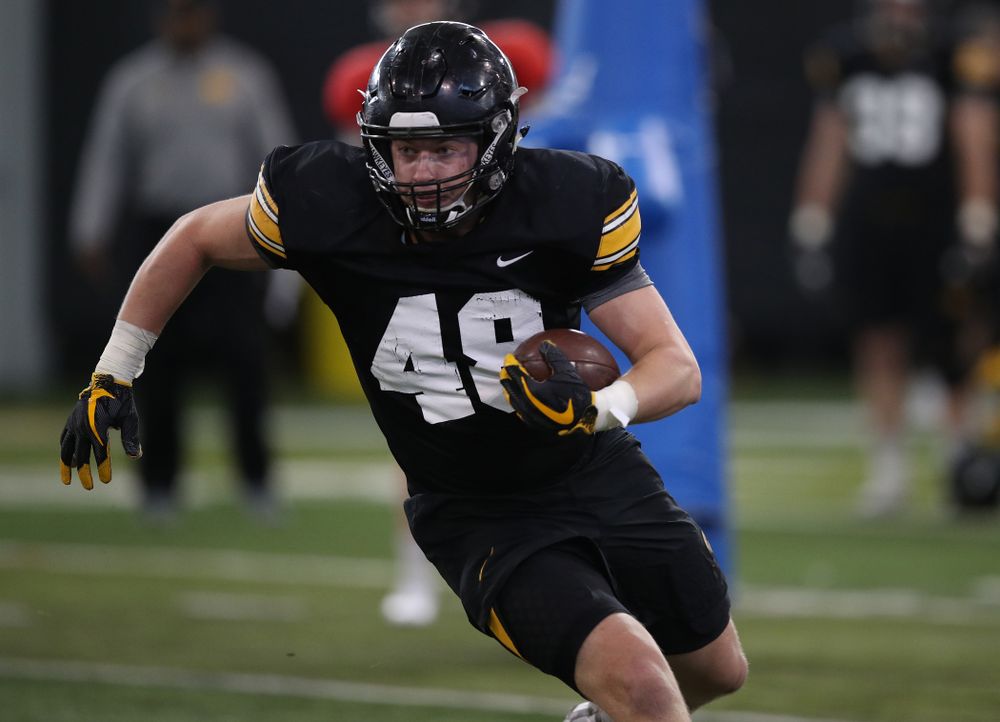 Iowa Hawkeyes tight end Bryce Schulte (48) during preparation for the 2019 Outback Bowl Monday, December 17, 2018 at the Hansen Football Performance Center. (Brian Ray/hawkeyesports.com)