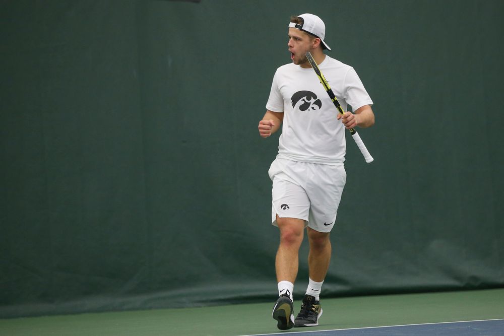 Iowa’s Will Davies celebrates a point during the Iowa men’s tennis meet vs Nebraska on Sunday, March 1, 2020 at the Hawkeye Tennis and Recreation Complex. (Lily Smith/hawkeyesports.com)