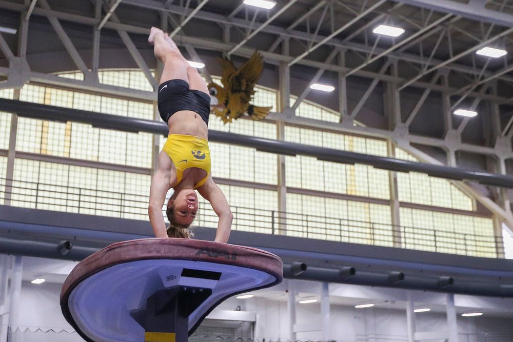 Alex Greenwald performs on the vault during the Iowa women’s gymnastics Black and Gold Intraquad Meet on Saturday, December 7, 2019 at the UI Field House. (Lily Smith/hawkeyesports.com)