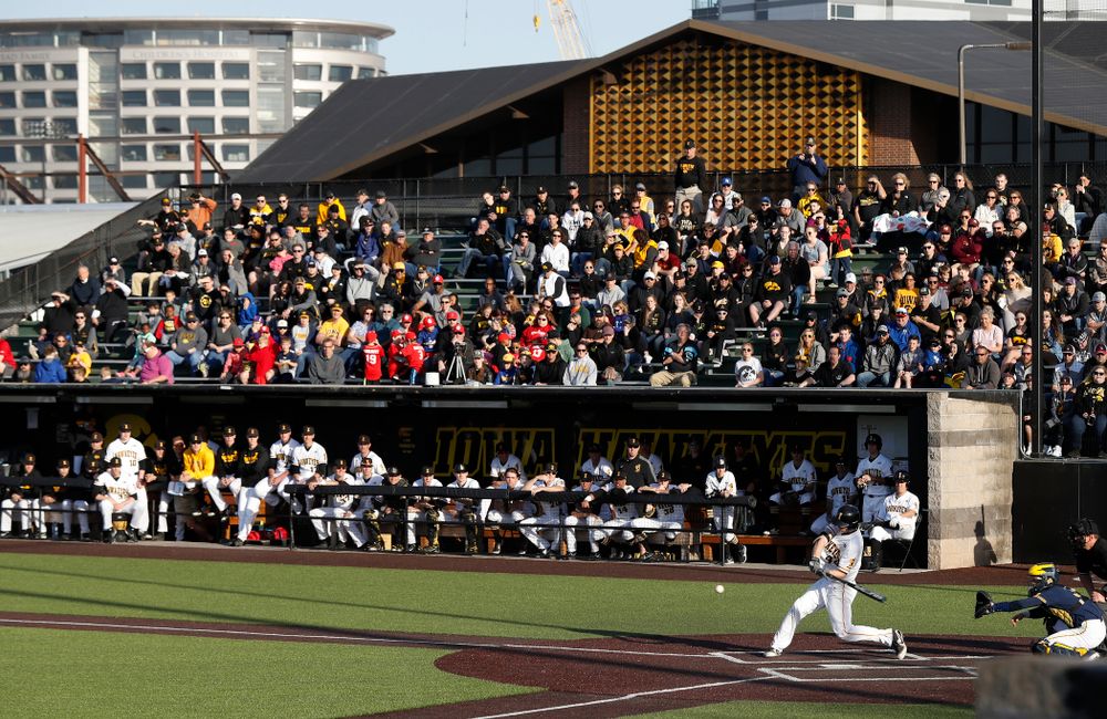 Iowa Hawkeyes outfielder Robert Neustrom (44)  against the Michigan Wolverines Friday, April 27, 2018 at Duane Banks Field in Iowa City. (Brian Ray/hawkeyesports.com)