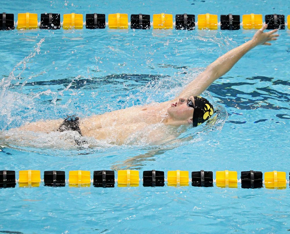 Iowa’s John Colin swims the men’s 200-yard backstroke event during their meet against Michigan State and Northern Iowa at the Campus Recreation and Wellness Center in Iowa City on Friday, Oct 4, 2019. (Stephen Mally/hawkeyesports.com)