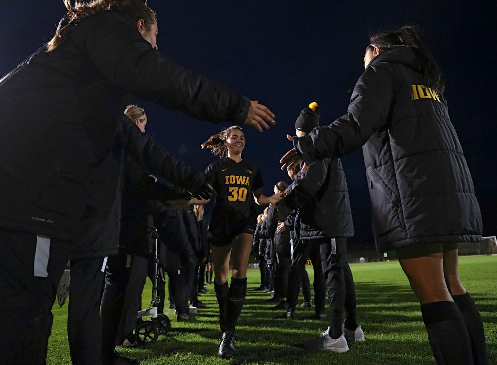 Iowa forward Devin Burns (30) is introduced before their match at the Iowa Soccer Complex in Iowa City on Friday, Oct 11, 2019. (Stephen Mally/hawkeyesports.com)