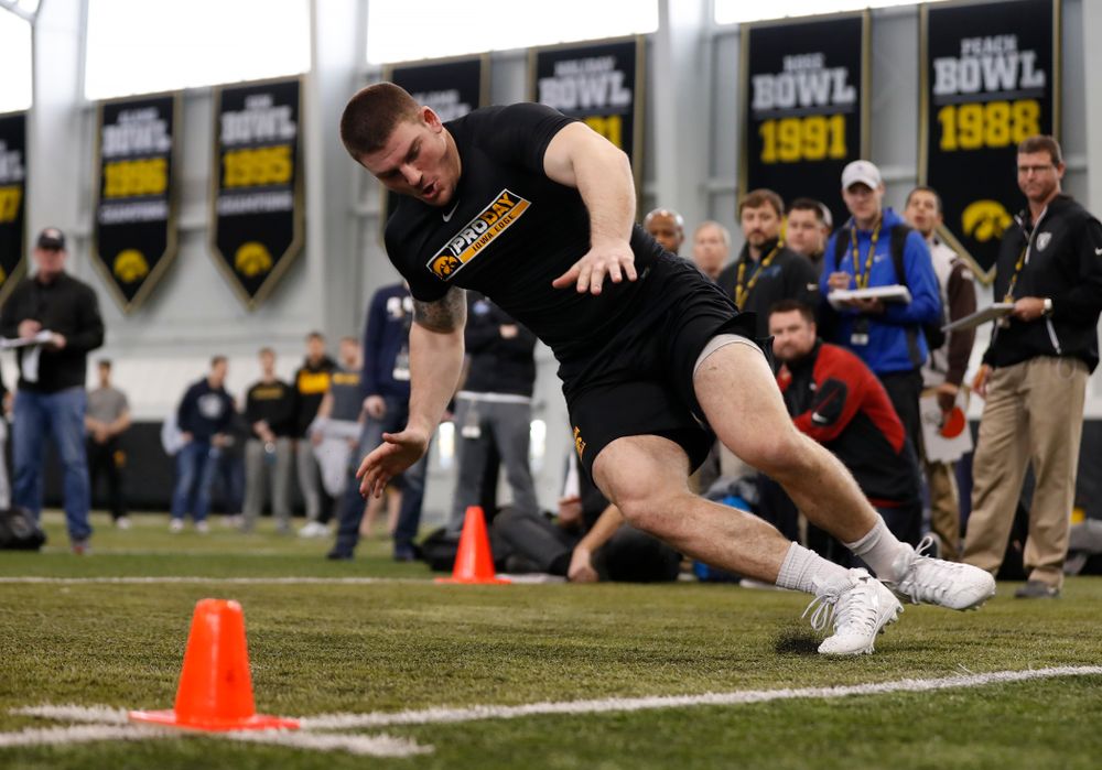 Iowa Hawkeyes fullback Drake Kulick (45) during the team's annual pro day Monday, March 26, 2018 at the Hansen Football Performance Center. (Brian Ray/hawkeyesports.com)