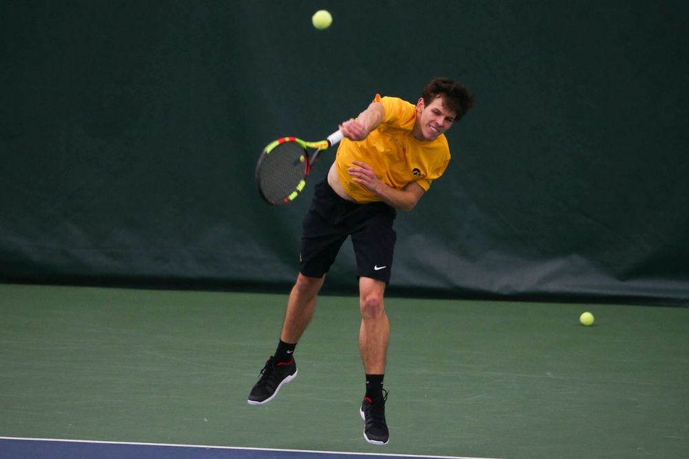Iowa's Joe Tyler at a tennis match vs Drake  Friday, March 8, 2019 at the Hawkeye Tennis and Recreation Complex. (Lily Smith/hawkeyesports.com)