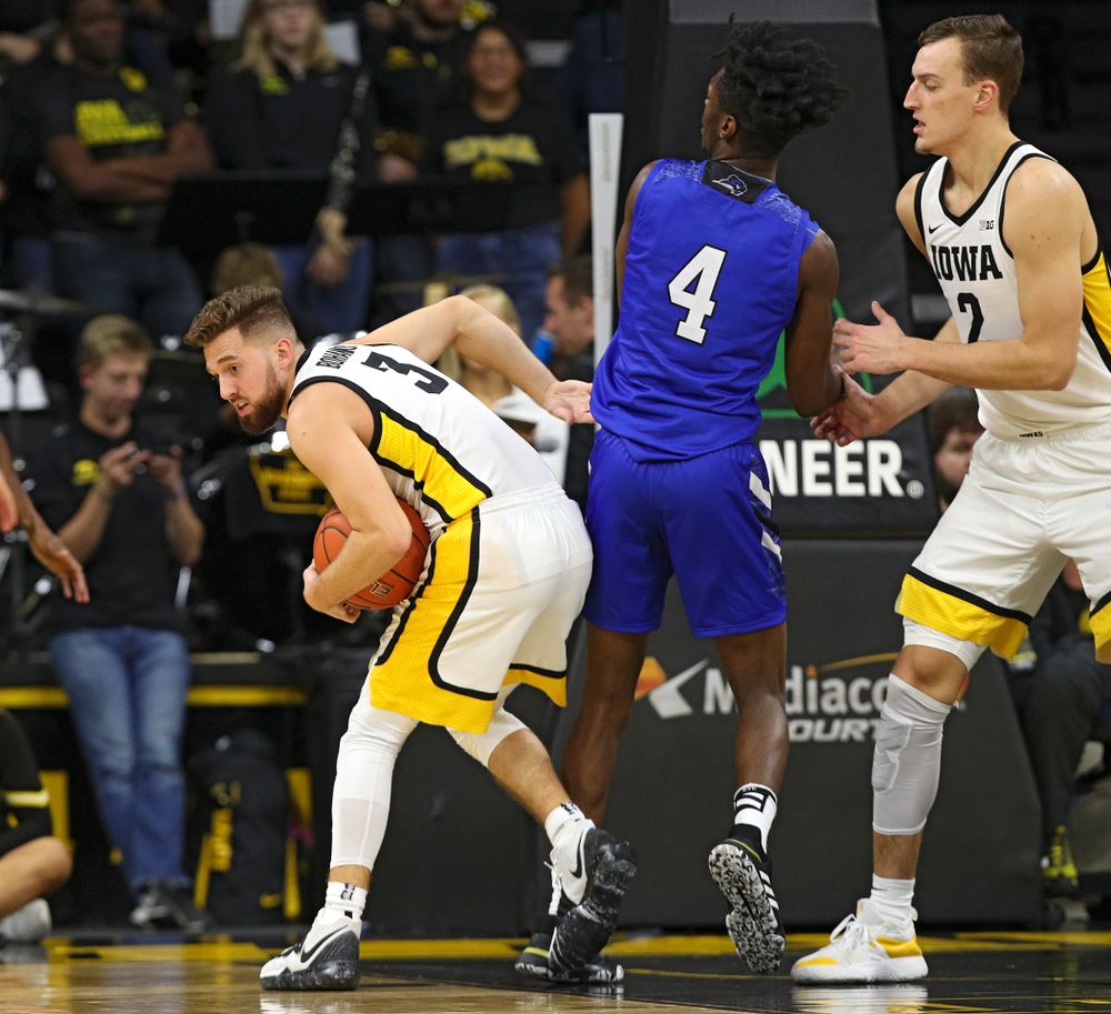 Iowa Hawkeyes guard Jordan Bohannon (3) steals the ball away during the second half of their exhibition game against Lindsey Wilson College at Carver-Hawkeye Arena in Iowa City on Monday, Nov 4, 2019. (Stephen Mally/hawkeyesports.com)