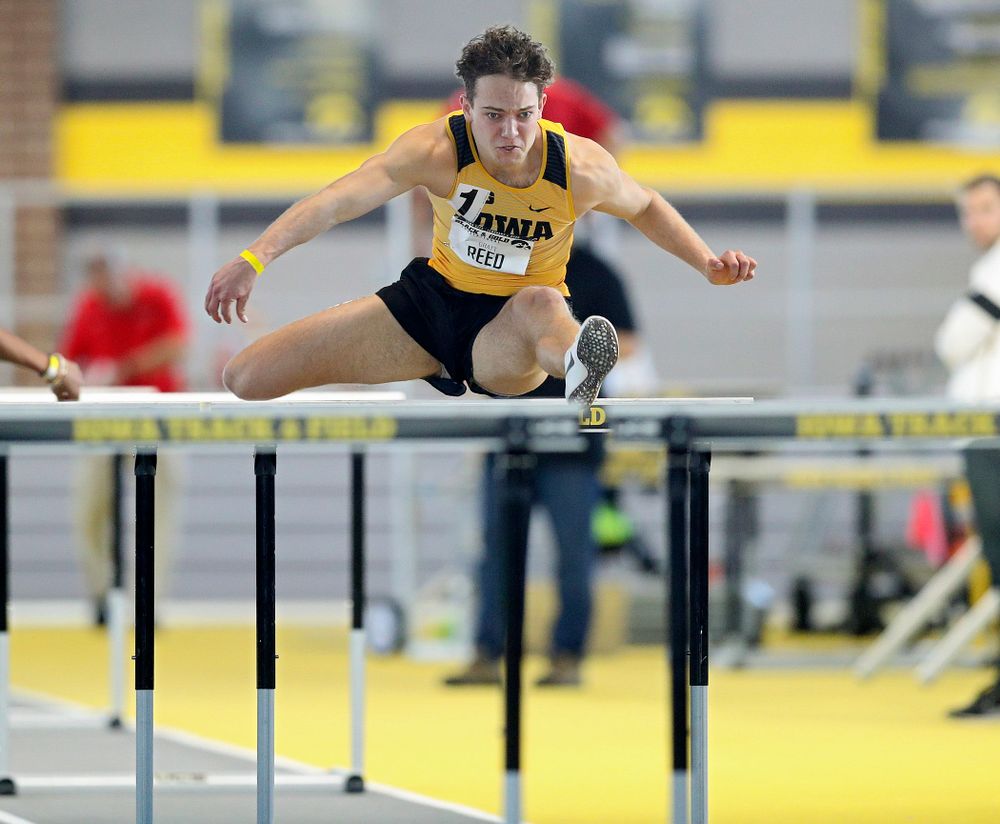 Iowa’s Gratt Reed runs the men’s 60 meter hurdles event at the Black and Gold Invite at the Recreation Building in Iowa City on Saturday, February 1, 2020. (Stephen Mally/hawkeyesports.com)