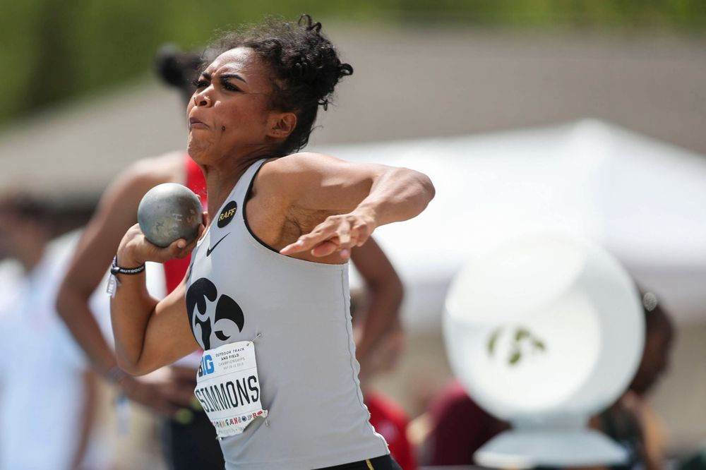 Iowa's Tria Simmons during the women's shot put at the Big Ten Outdoor Track and Field Championships at Francis X. Cretzmeyer Track on Friday, May 10, 2019. (Lily Smith/hawkeyesports.com)