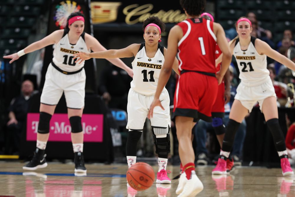 Iowa Hawkeyes guard Tania Davis (11) against the Rutgers Scarlet Knights in the semi-finals of the Big Ten Tournament Saturday, March 9, 2019 at Bankers Life Fieldhouse in Indianapolis, Ind. (Brian Ray/hawkeyesports.com)