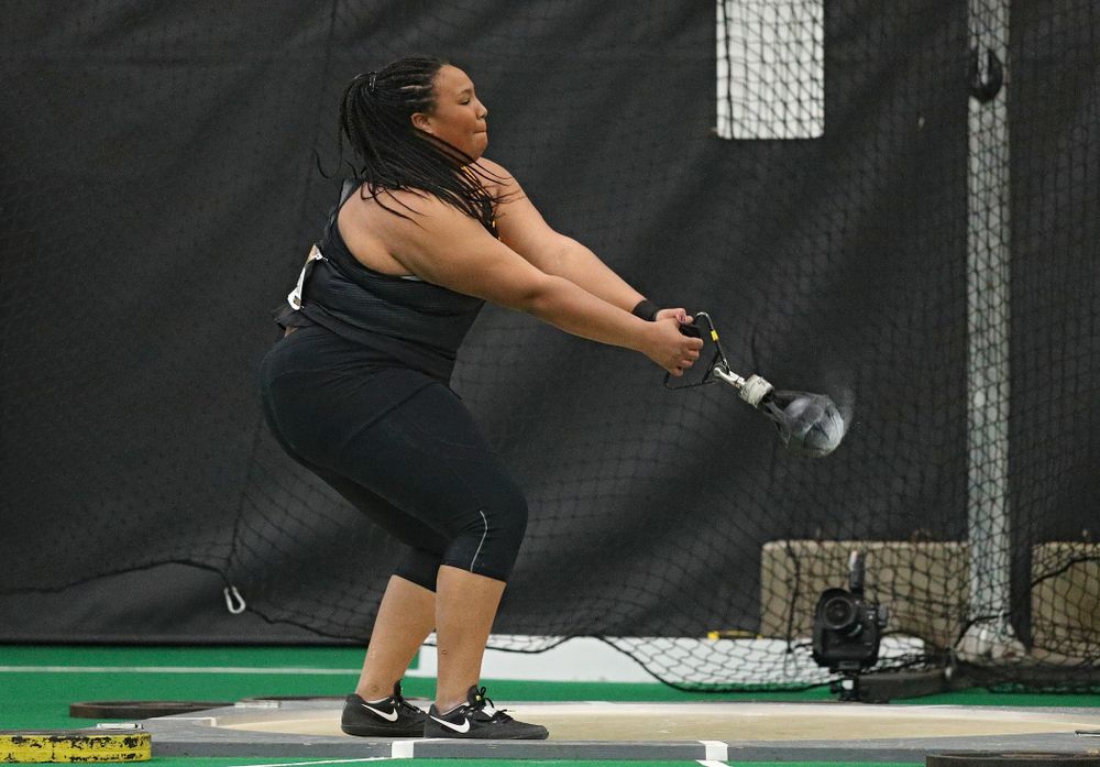 Iowa’s Ianna Roach throws in the women’s weight throw event during the Larry Wieczorek Invitational at the Hawkeye Tennis and Recreation Complex in Iowa City on Friday, January 17, 2020. (Stephen Mally/hawkeyesports.com)