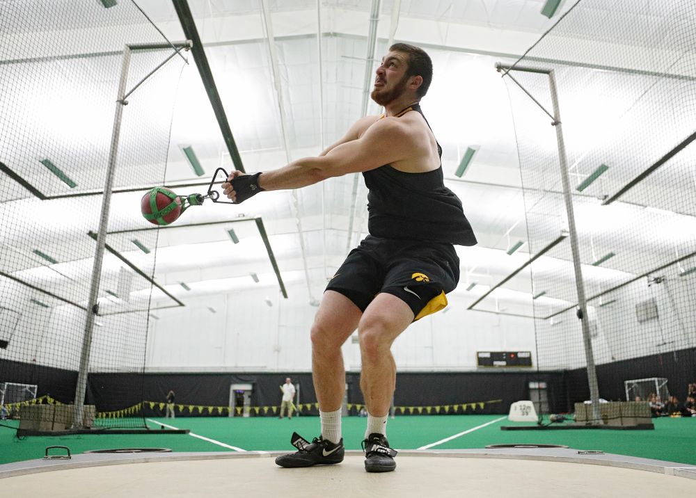 Iowa’s Tyler Lienau throws in the men’s weight throw event during the Hawkeye Invitational at the Hawkeye Tennis and Recreation Complex in Iowa City on Friday, January 10, 2020. (Stephen Mally/hawkeyesports.com)