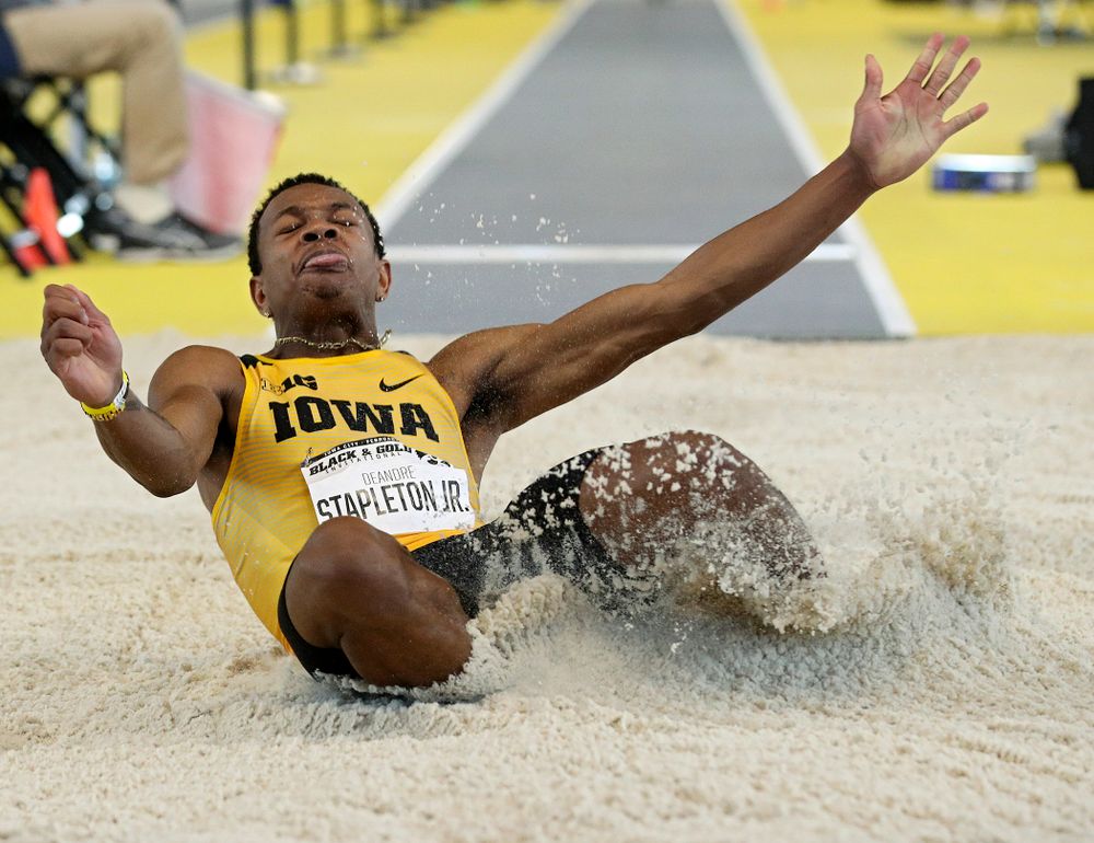 Iowa’s Deandre Stapleton Jr. competes in the men’s long jump event at the Black and Gold Invite at the Recreation Building in Iowa City on Saturday, February 1, 2020. (Stephen Mally/hawkeyesports.com)