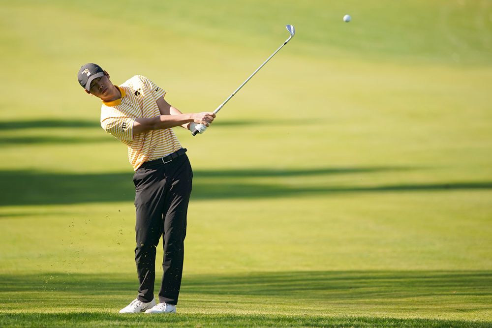 Iowa's Joe Kim hits from the fairway during the third round of the Hawkeye Invitational at Finkbine Golf Course in Iowa City on Sunday, Apr. 21, 2019. (Stephen Mally/hawkeyesports.com)