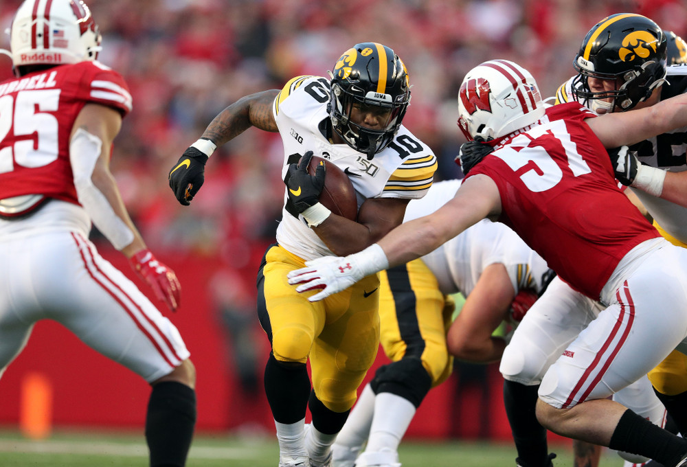 Iowa Hawkeyes running back Mekhi Sargent (10) against the Wisconsin Badgers Saturday, November 9, 2019 at Camp Randall Stadium in Madison, Wisc. (Brian Ray/hawkeyesports.com)