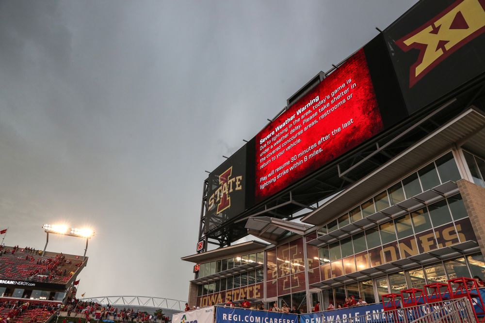 A weather delay stops the Iowa Hawkeyes game against the Iowa State Cyclones Saturday, September 14, 2019 at Jack Trice Stadium in Ames, Iowa. (Brian Ray/hawkeyesports.com)