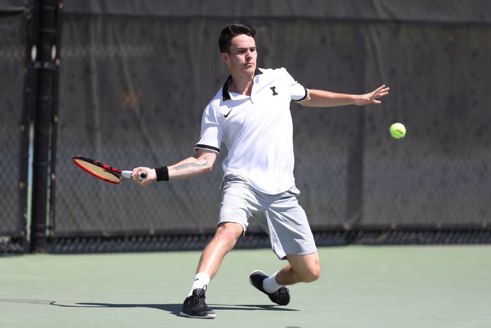 IowaÕs Jonas Larsen against the Michigan Wolverines Sunday, April 21, 2019 at the Hawkeye Tennis and Recreation Complex. (Brian Ray/hawkeyesports.com)