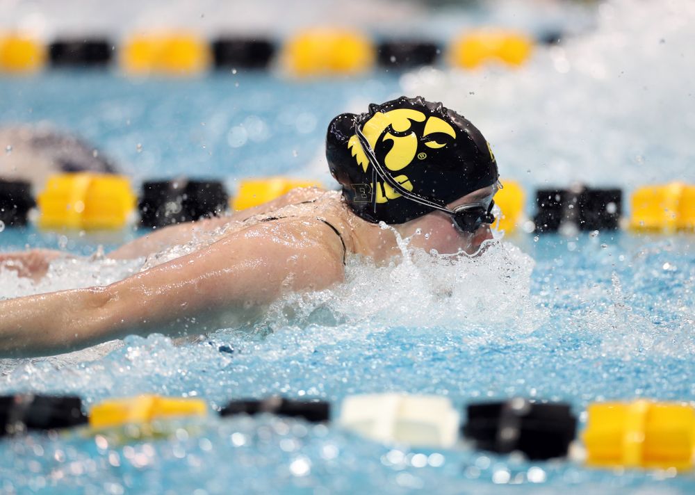 IowaÕs Kelsey Drake swims the 100 yard butterfly against the Michigan Wolverines Friday, November 1, 2019 at the Campus Recreation and Wellness Center. (Brian Ray/hawkeyesports.com)