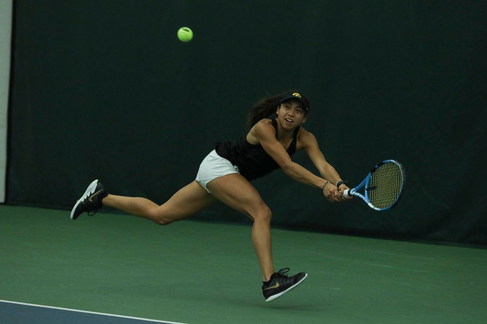 Iowa’s Michelle Bacalla returns a hit during the Iowa women’s tennis meet vs DePaul  on Friday, February 21, 2020 at the Hawkeye Tennis and Recreation Complex. (Lily Smith/hawkeyesports.com)