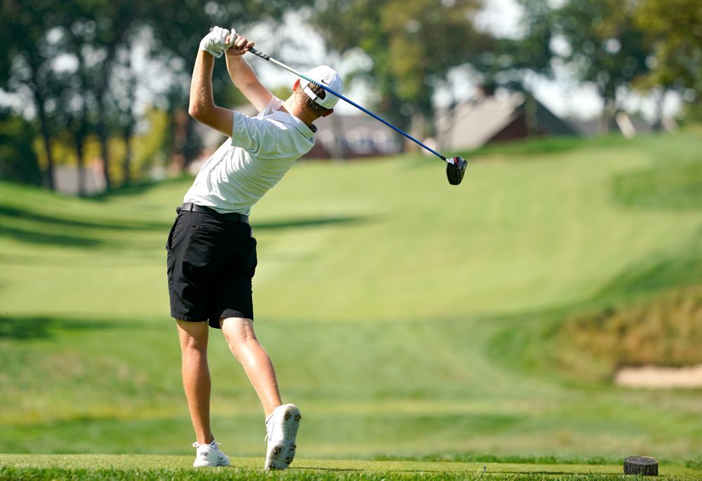 Iowa’s Benton Weinberg tees off during the second day of the Golfweek Conference Challenge at the Cedar Rapids Country Club in Cedar Rapids on Monday, Sep 16, 2019. (Stephen Mally/hawkeyesports.com)