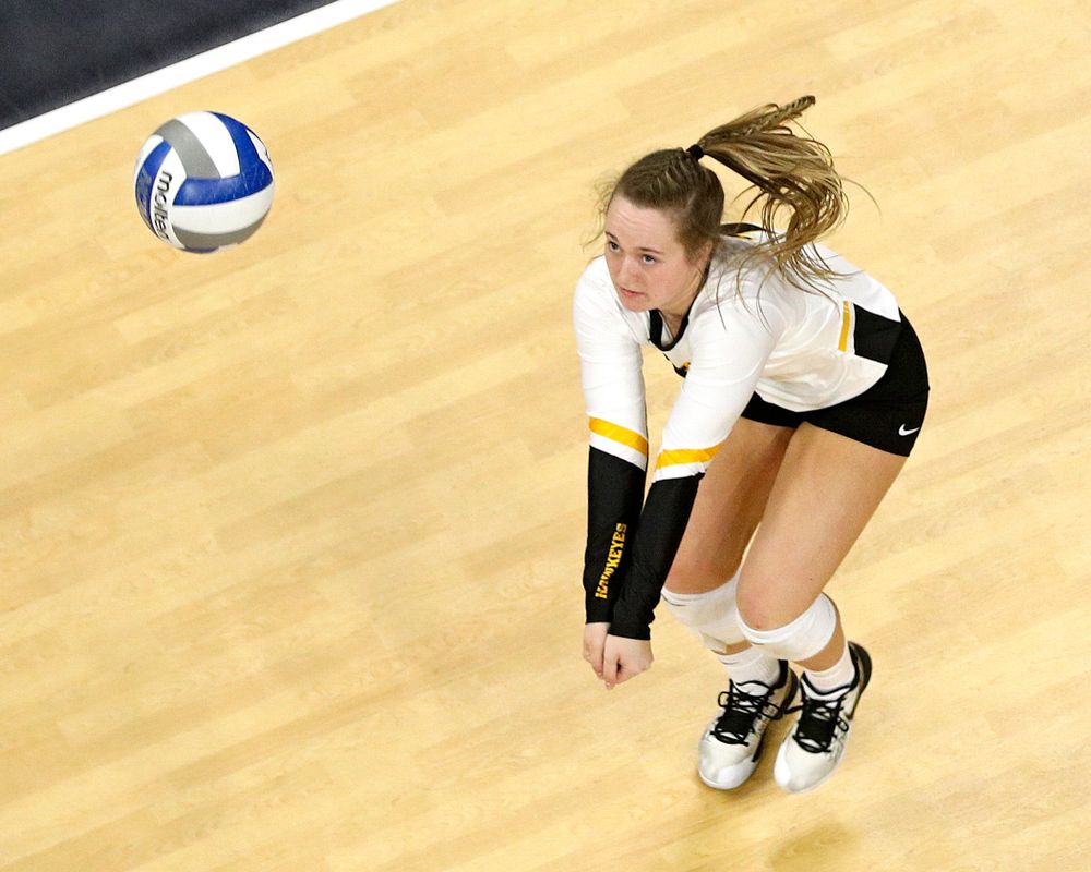 Iowa’s Joslyn Boyer (1) eyes the ball during the second set of their match at Carver-Hawkeye Arena in Iowa City on Saturday, Nov 30, 2019. (Stephen Mally/hawkeyesports.com)