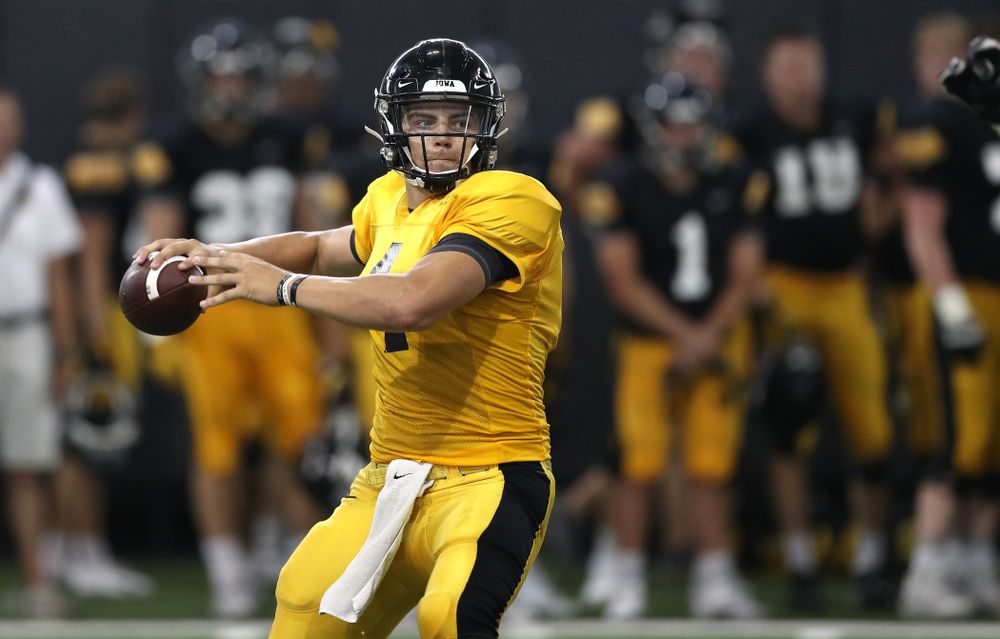 Iowa Hawkeyes quarterback Nate Stanley (4) during Fall Camp Practice No. 6 Thursday, August 8, 2019 at the Ronald D. and Margaret L. Kenyon Football Practice Facility. (Brian Ray/hawkeyesports.com)