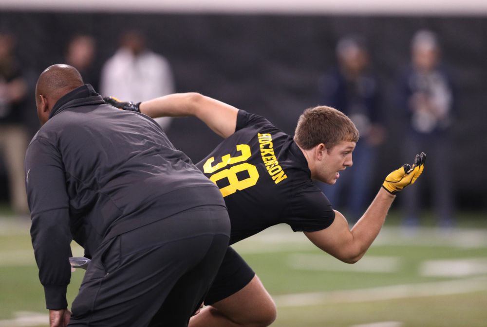 Iowa Hawkeyes tight end T.J. Hockenson (38) during the teamÕs annual Pro Day Monday, March 25, 2019 at the Hansen Football Performance Center. (Brian Ray/hawkeyesports.com)