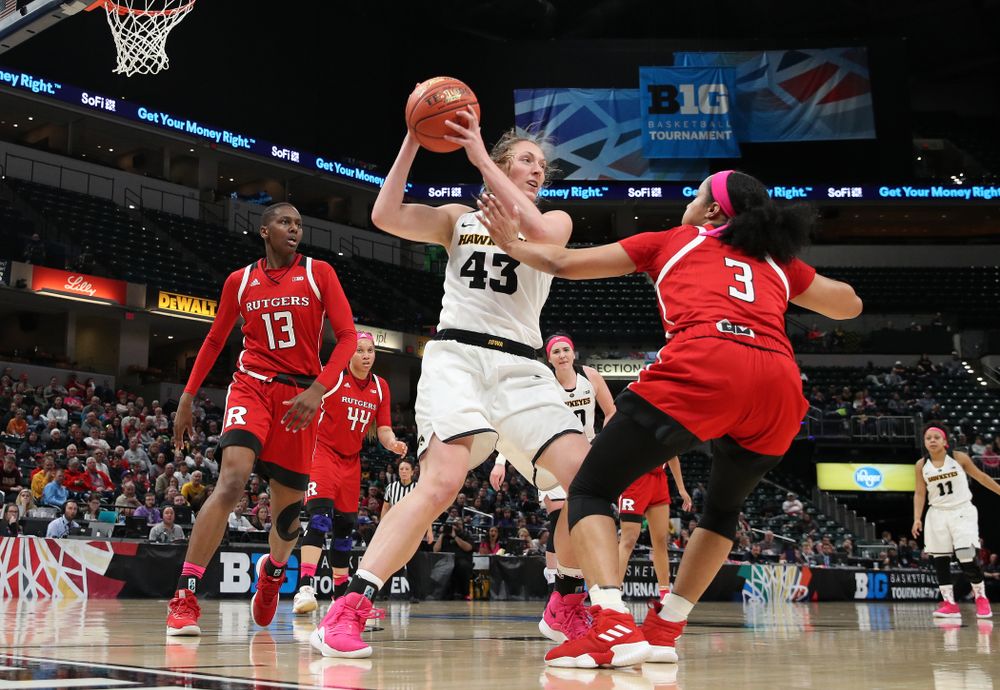 Iowa Hawkeyes forward Amanda Ollinger (43) against the Rutgers Scarlet Knights in the semi-finals of the Big Ten Tournament Saturday, March 9, 2019 at Bankers Life Fieldhouse in Indianapolis, Ind. (Brian Ray/hawkeyesports.com)