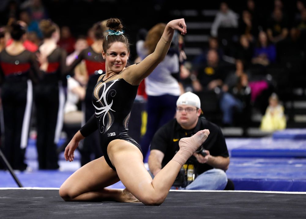 Iowa's Melissa Zurawski competes on the floor against the Nebraska Cornhuskers 