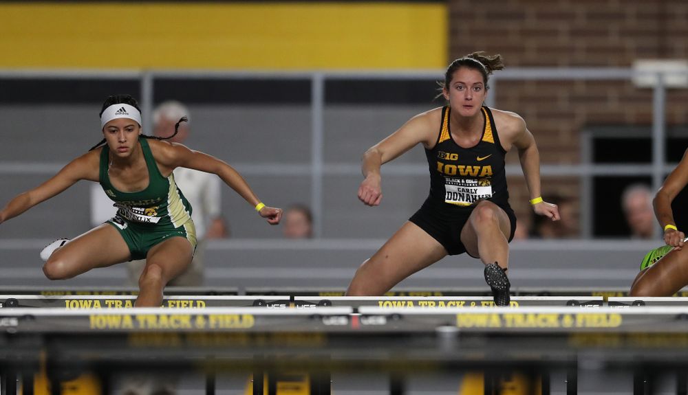 Iowa's Carly Donahue competes in the 60-meter hurdles during the Black and Gold Premier meet Saturday, January 26, 2019 at the Recreation Building. (Brian Ray/hawkeyesports.com)