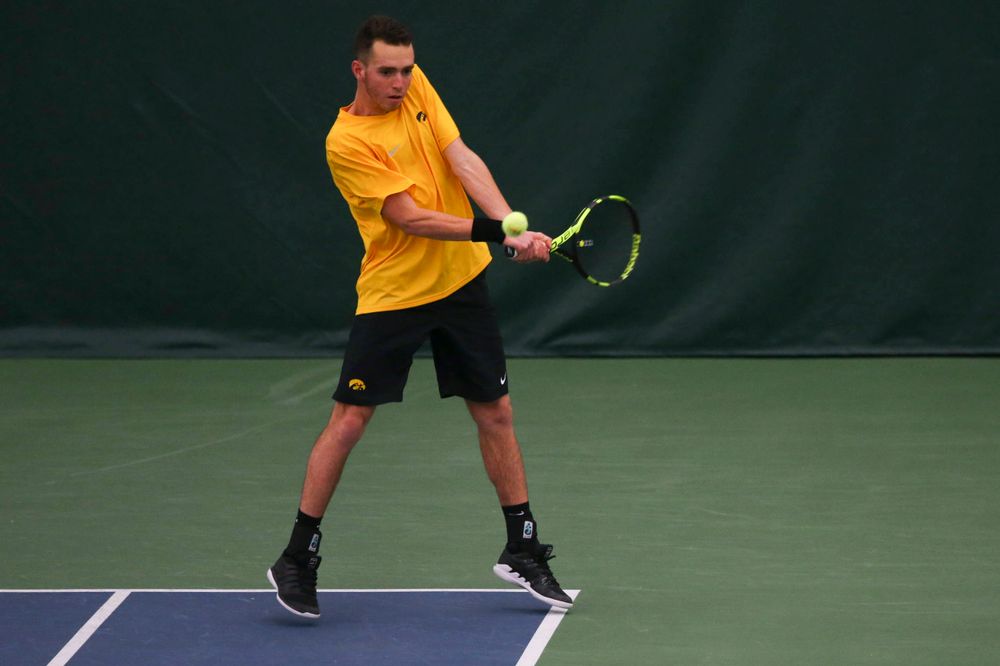 Iowa's Kareem Allaf at a tennis match vs Drake  Friday, March 8, 2019 at the Hawkeye Tennis and Recreation Complex. (Lily Smith/hawkeyesports.com)