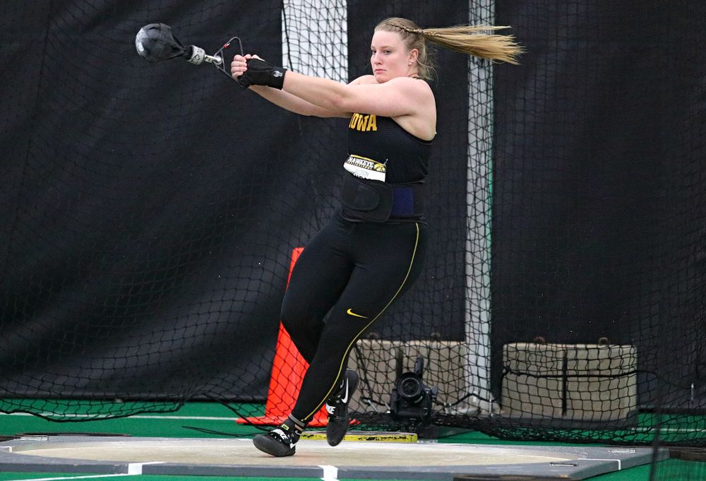 Iowa’s Allison Wahrman throws in the women’s weight throw event during the Hawkeye Invitational at the Hawkeye Tennis and Recreation Complex in Iowa City on Friday, January 10, 2020. (Stephen Mally/hawkeyesports.com)