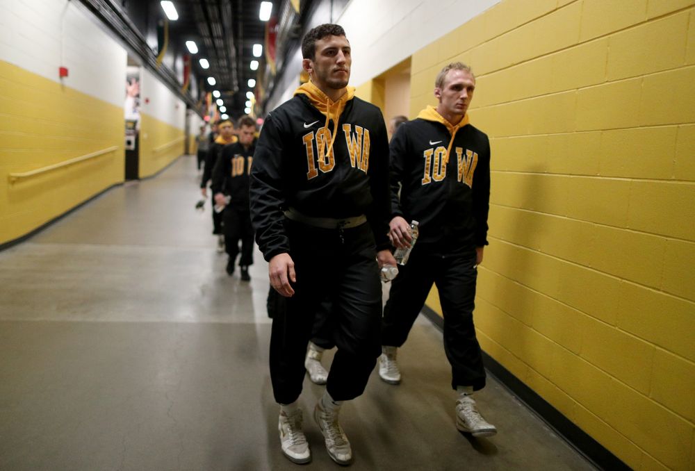 Michael Kemerer and Kaleb Young before their meet against Wisconsin Sunday, December 1, 2019 at Carver-Hawkeye Arena. Cassioppi won the match 3-2. (Brian Ray/hawkeyesports.com)