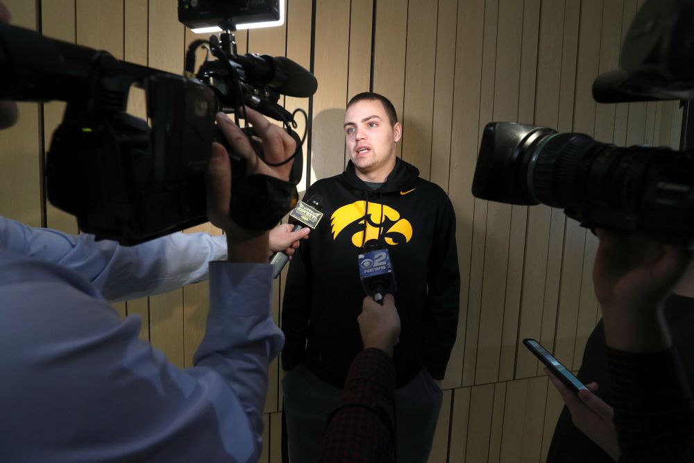 Iowa Hawkeyes quarterback Nate Stanley (4) answers questions from the media on the Hawkeyes selection to face USC in the 2019 Holiday Bowl Sunday, December 8, 2019 at the Hansen Football Performance Center. (Brian Ray/hawkeyesports.com)