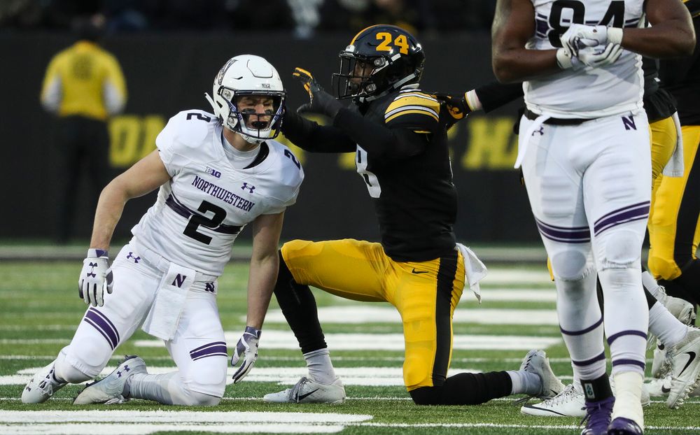Iowa Hawkeyes defensive back Matt Hankins (8) reacts after breaking up a pass during a game against Northwestern at Kinnick Stadium on November 10, 2018. (Tork Mason/hawkeyesports.com)