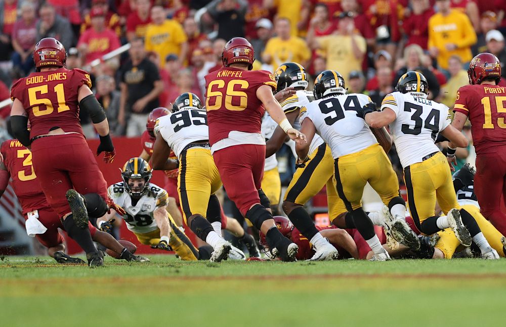 Iowa Hawkeyes defensive back Jack Koerner (28) recovers a fumble against the Iowa State Cyclones Saturday, September 14, 2019 in Ames, Iowa. (Brian Ray/hawkeyesports.com)