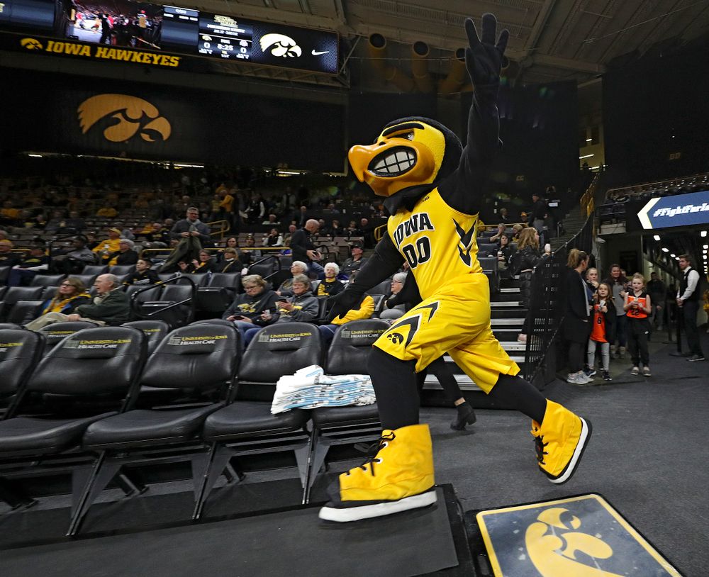 Herky is introduced before the game at Carver-Hawkeye Arena in Iowa City on Thursday, January 23, 2020. (Stephen Mally/hawkeyesports.com)