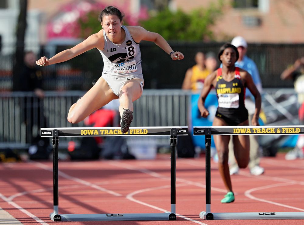 Iowa's Jenny Kimbro runs the women’s 400 meter hurdles event on the first day of the Big Ten Outdoor Track and Field Championships at Francis X. Cretzmeyer Track in Iowa City on Friday, May. 10, 2019. (Stephen Mally/hawkeyesports.com)