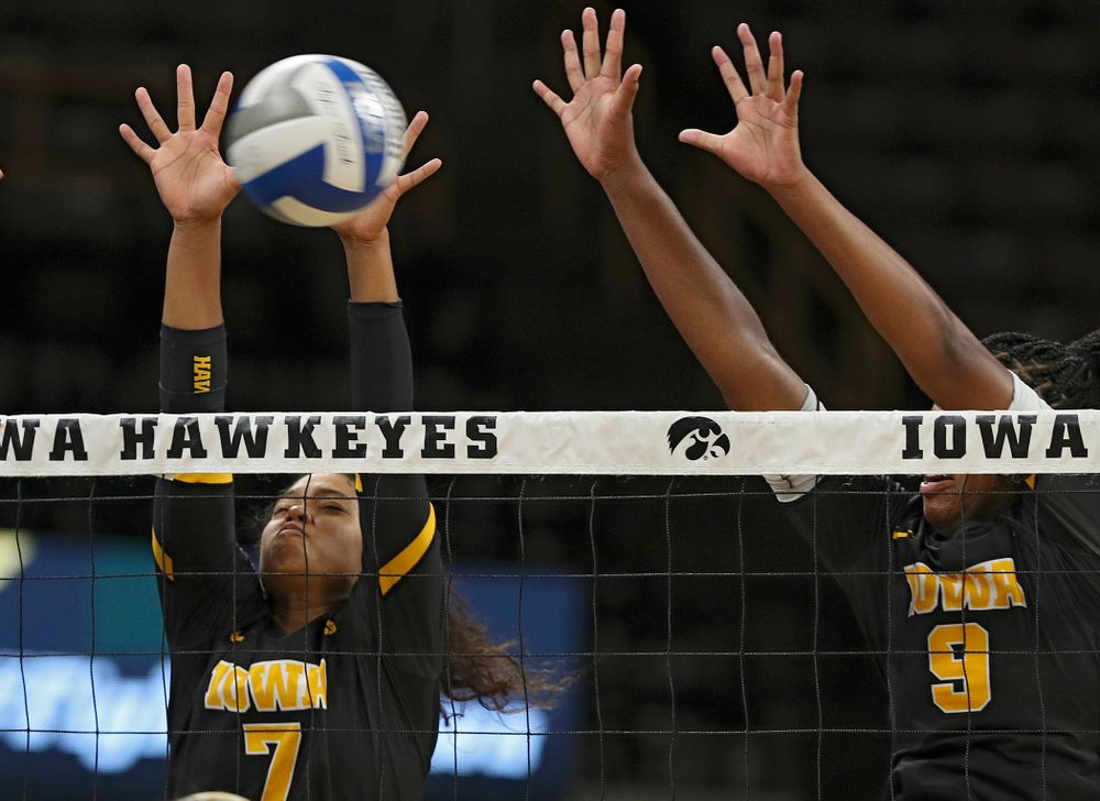 Iowa’s Brie Orr (7) and Amiya Jones (9) during the third set of the Black and Gold scrimmage at Carver-Hawkeye Arena in Iowa City on Saturday, Aug 24, 2019. (Stephen Mally/hawkeyesports.com)