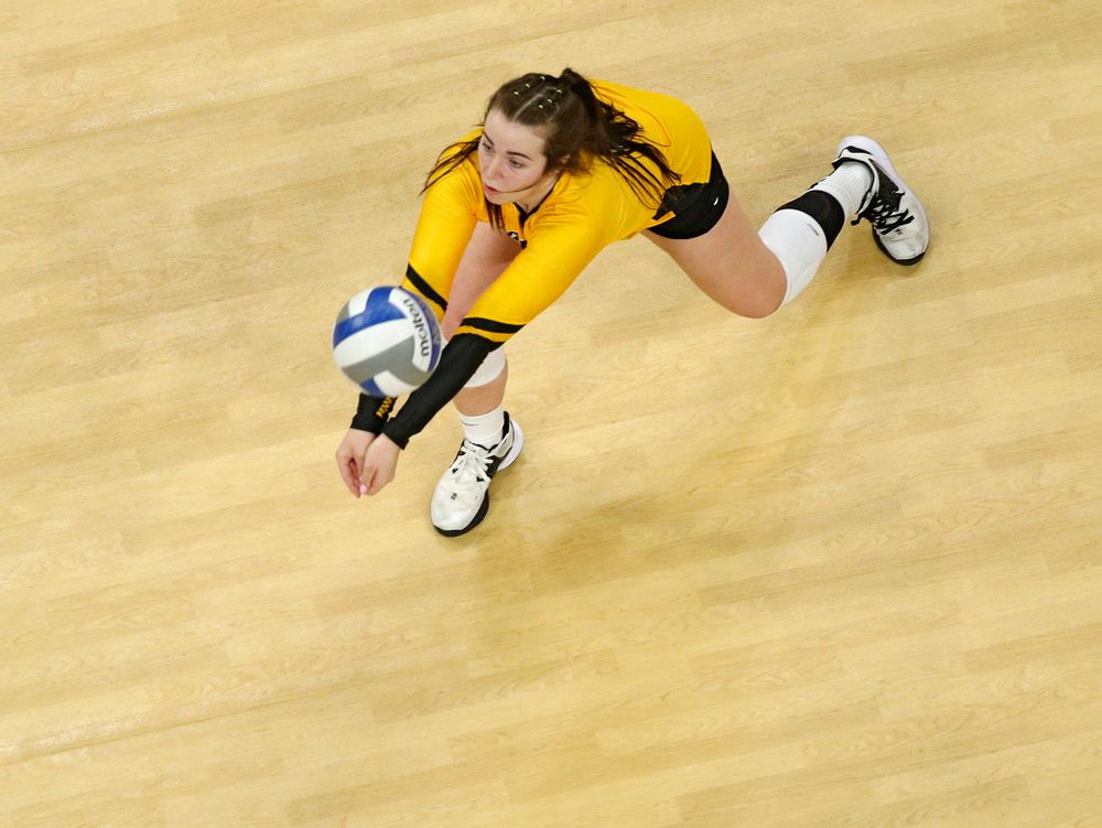 Iowa’s Emma Lowes (6) reaches the ball during the fourth set of their match at Carver-Hawkeye Arena in Iowa City on Friday, Nov 29, 2019. (Stephen Mally/hawkeyesports.com)