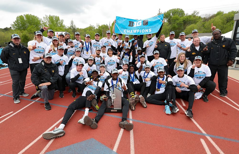 The Hawkeyes after winning the Men's Big Ten Outdoor Track and Field Championships on the third day of the Big Ten Outdoor Track and Field Championships at Francis X. Cretzmeyer Track in Iowa City on Sunday, May. 12, 2019. (Stephen Mally/hawkeyesports.com)