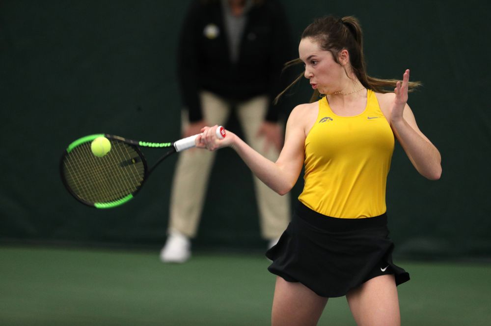 Iowa's Sam Mannix plays a doubles match against Xavier Friday, January 18, 2019 at the Hawkeye Tennis and Recreation Center. (Brian Ray/hawkeyesports.com)